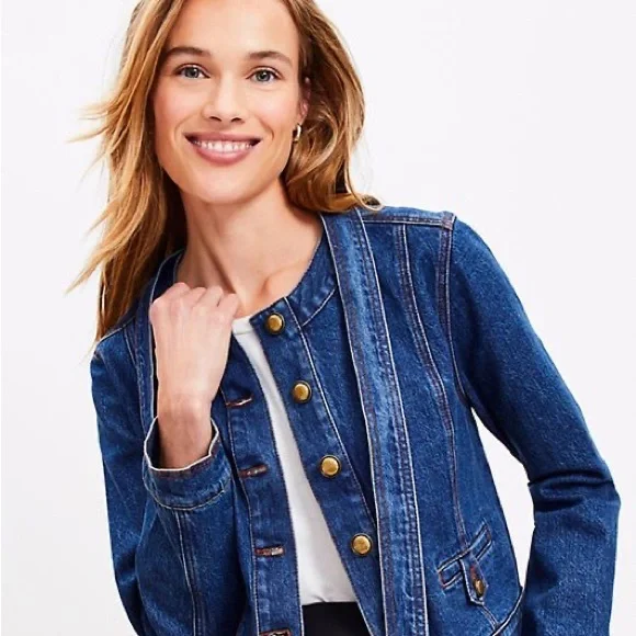 NWT LOFT Petite Large Denim Tie Neck Bow Jacket Gold Buttons Indigo Wash - Picture 2 of 6